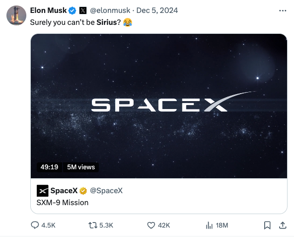 The tweet shows Elon Musk (@elonmusk) commenting "Surely you can't be Sirius?" with a laughing emoji on a SpaceX (@SpaceX) video about the "SXM-9 Mission," playing on the homophone between the Sirius star/satellite company and the word "serious." The clever wordplay ties into the accompanying post about the $SIRIUS token, suggesting Elon Musk is playfully endorsing or acknowledging SiriusXM's presence in space.