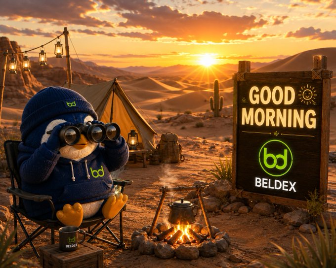 A digital illustration of a penguin wearing a blue hoodie and binoculars sitting by a campfire in a desert, next to a wooden sign reading 'GOOD MORNING' with a green 'bd BELDEX' logo.