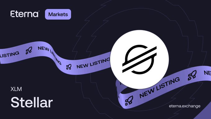 In the image, there's a graphic that combines elements from two posts. The primary focus of this post is the XLM cryptocurrency exchange, which has just launched its new listing on Eterna Exchange. It features a logo for Stellar Organization, a provider of digital assets and transactions, represented by a black circle with a white outline. This organization is known for their integration into various exchanges such as Eterna Exchange and Eterna Hybrid. The post emphasizes that this new listing will be live within the next week or two, indicating recent launch. Additionally, the exchange has been trading at an average order value of $5.
