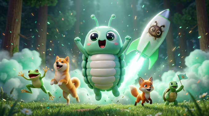 A whimsical 3D animated illustration features a cute green caterpillar character riding a rocket ship, surrounded by cheering forest animals including a dog, foxes, frogs, and a turtle holding a flag.