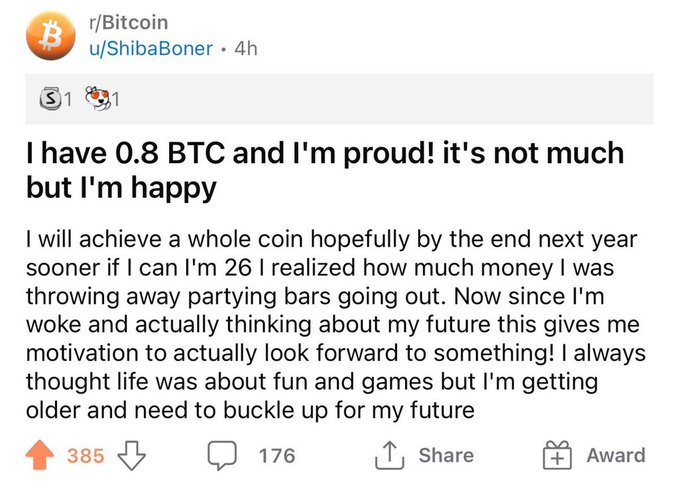 The image shows a text-based post from a user named "Shiba brebner" that reads, "I have 0.8 BTC and I'm proud! It's not much but I'm happy." The post also includes an image of a coin with the caption "0.8 Btc".