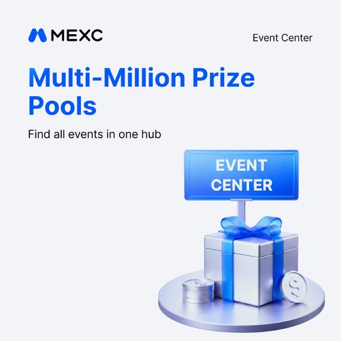 A promotional graphic for MEXC's Event Center with the text "Multi-Million Prize Pools - Find all events in one hub" featuring an illustration of a gift box with coins and an "EVENT CENTER" sign.