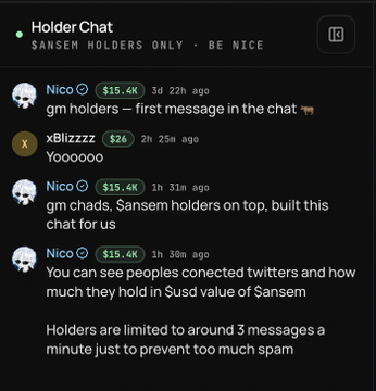 The image shows a "Holder Chat" section on a website displaying messages from $ANSEM token holders like "Nico" and "xBlizzzz" with $15.4K and $2K indicators, mentioning that the chat feature was built for holders with limited messages to prevent spam. This directly relates to the post by showcasing the new chat functionality available to $ANSEM holders on ansem.info.
