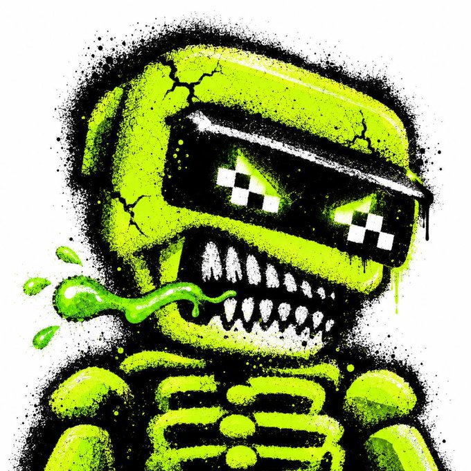 A stylized, gritty illustration of a green skull wearing pixelated sunglasses, with green slime dripping from its mouth, set against a black splatter background with a ribcage visible below.