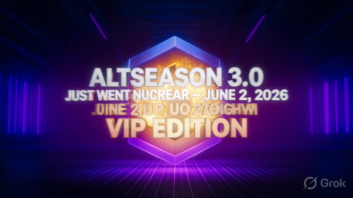 The image shows a large blue screen that contains text, such as "ALTSEASON 3.0" at the top and "VIP EDITION" towards the bottom right corner of the display. This text seems to be related to an event or promotion. The poster also features an illustration of a hexagon with three sides, located in the lower middle part of the screen. A gold arrow is pointing towards this hexagon, further emphasizing its prominence within the image. Additionally, there are some numbers and other visual elements scattered throughout the design that might provide additional context to the event or promotion being advertised.