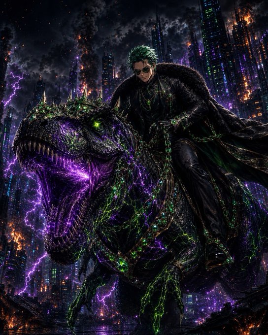 A dramatic digital illustration shows a green-haired figure in a black fur-lined coat riding a glowing purple and green Tyrannosaurus rex through a neon-lit futuristic cityscape.