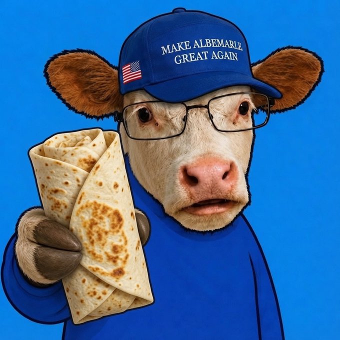 A cartoon cow wears glasses, a blue shirt, and a navy cap reading "MAKE ALBEMARLE GREAT AGAIN" with an American flag, while holding a wrapped burrito against a blue background.
