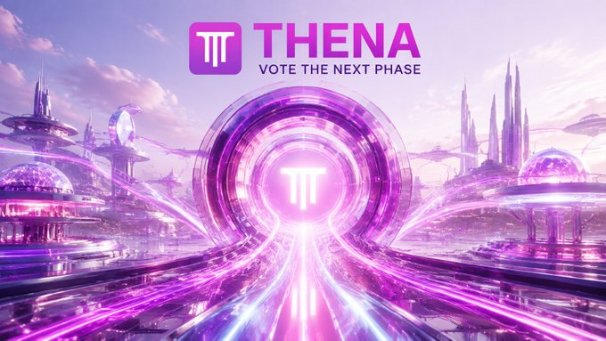 A promotional banner for 'THENA' with the tagline 'VOTE THE NEXT PHASE' displayed against a futuristic purple and pink sci-fi landscape with glowing circular elements.