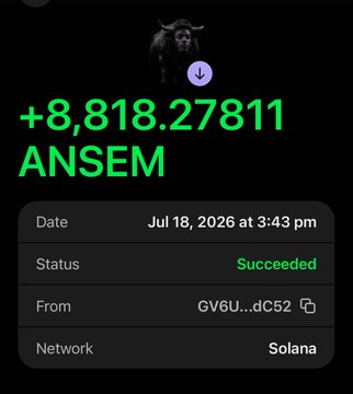 This image displays a successful transaction of +8,818.27811 ANSEM on July 18, 2026, via the Solana network, serving as proof of "bagwork" for the ticker $ANSEM.