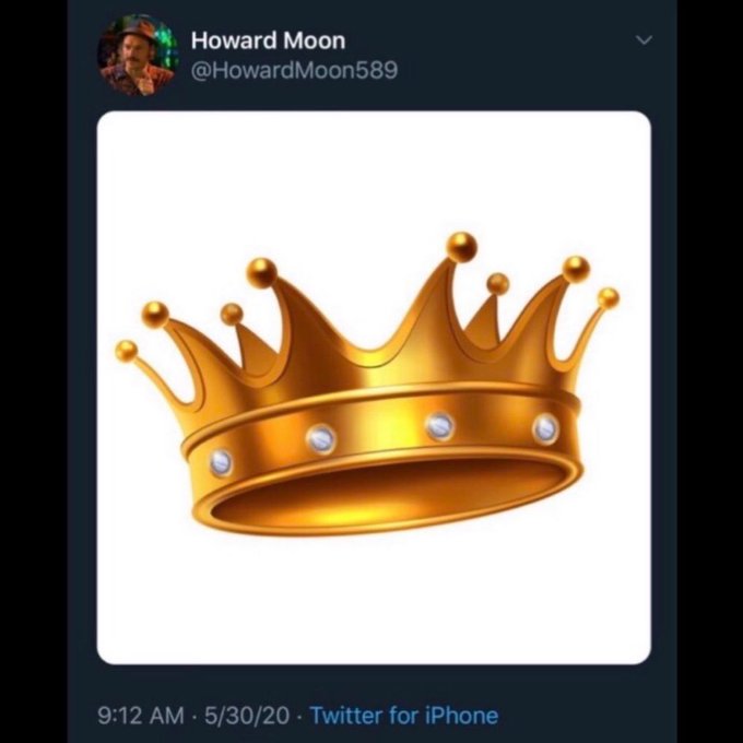 The image features a crown made of gold, with a few diamonds around the edges. The crown appears to be a symbol of royalty or power. In the background, there's a Twitter account that reads "Howard Moon #53989". This account is associated with the crown in the image and seems to be promoting or celebrating the crown as the new king.