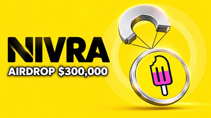 A bright yellow promotional graphic for a "$NIVRA AIRDROP $300,000" featuring a silver horseshoe magnet attracting a NIVRA coin, encouraging users to claim the limited airdrop of the first 4,500 tokens listing on Solana on October 19th.