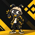 A small animated character with a gray body, yellow accents, and a white lab coat stands against a black and yellow geometric background.