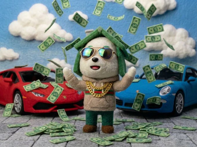 A plush dog mascot wearing sunglasses and a gold chain stands triumphantly between a red Lamborghini and blue Porsche, showered in falling dollar bills with stacks of cash at its feet—visually embodying the celebratory "$PONS" meme mocking fees paid to "vlad hacker." The imagery of luxury cars and raining money satirizes the post's reference to crypto transaction fees.