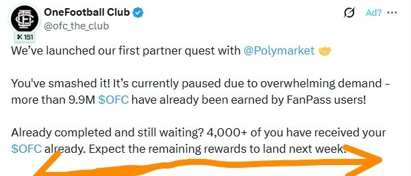Tweet from OneFootball Club (@ofc_the_club) announcing a partner quest with @Polymarket, mentioning 9.9M $OFC earned by FanPass users and rewards arriving next week.