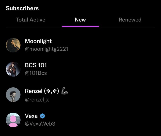 A "Subscribers" list on a dark interface highlights four new members in order: Moonlight (@moonlightg2221), BCS 101 (@101Bcs), Renzel (@renzel_x), and Vexa (@VexaWeb3), corresponding to the shoutout welcoming them to the community.