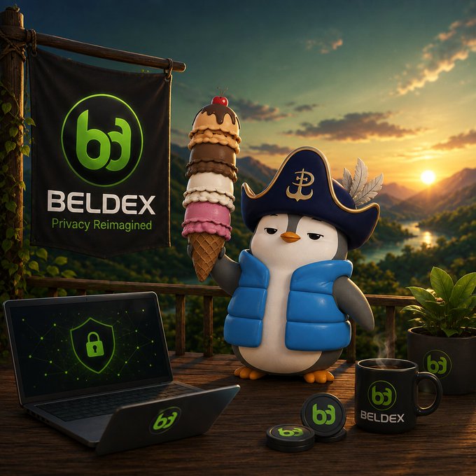 A promotional image featuring a cartoon penguin wearing a pirate hat and blue vest holding an ice cream cone, alongside a laptop and merchandise branded 'BELDEX - Privacy Reimagined'.