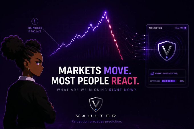 The image is a dark, stylized promotional graphic for **Vaultor**, featuring an animated-looking woman with braided hair gazing at a rising-then-falling purple stock chart. Key visible text includes the tagline **"MARKETS MOVE. MOST PEOPLE REACT."** with the subtext **"WHAT ARE WE MISSING RIGHT NOW?"**, along with **"YOU NOTICED IT TOO LATE,"** an **"AI DETECTION"** panel showing a 98% confidence **"MARKET SHIFT DETECTED"**, and the Vaultor logo with the phrase **"Perception precedes prediction."**

This visual ties directly into the post's message by illustrating the exact problem Vaultor aims to solve — the chart's sharp decline represents the moment most people realize a shift has already happened, while the AI detection panel symbolizes Vaultor's solution: perceiving market changes *before* traders are forced to react.