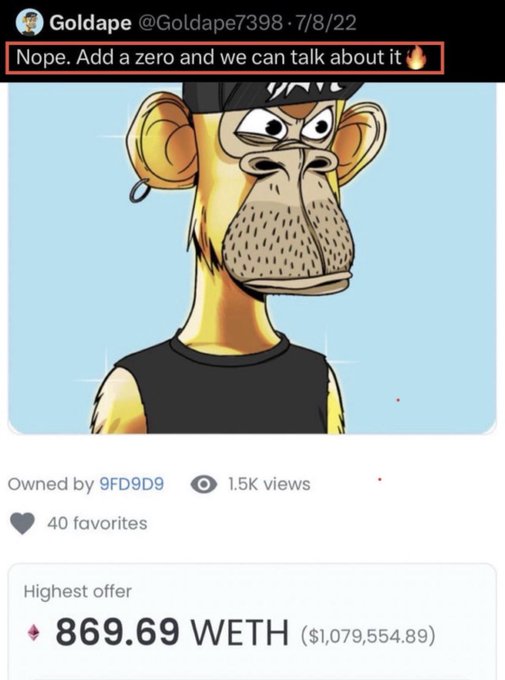 A tweet from Goldape (@Goldape7398) dated 7/8/22 shows a Bored Ape NFT saying 'Nope. Add a zero and we can talk about it 🔥', with 1.5K views, 40 favorites, and a highest offer of 869.69 WETH ($1,079,554.89).