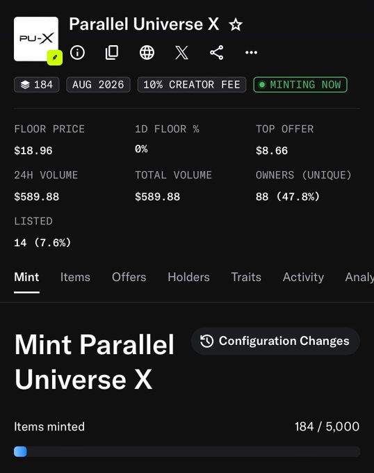NFT minting page screenshot for 'Parallel Universe X' showing a floor price of $18.96, total volume of $589.88, 88 unique owners, and 184/5,000 items minted.