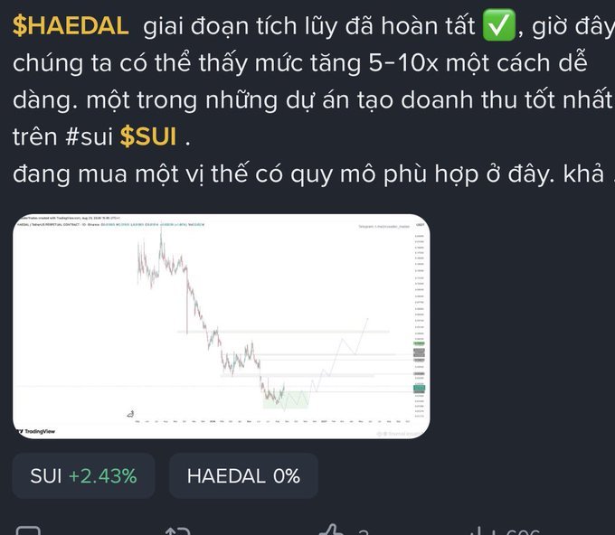 A Vietnamese cryptocurrency post discussing $HAEDAL token, mentioning a potential 5-10x increase, with a TradingView chart and showing SUI +2.43% and HAEDAL 0%.