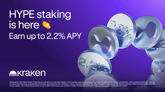 The image features a collection of coins stacked up, with one coin positioned at the top and others below it. The text "HYPE Staking is here!" is displayed above the stack of coins, indicating that this is an advertisement for a cryptocurrency exchange called Kraken.