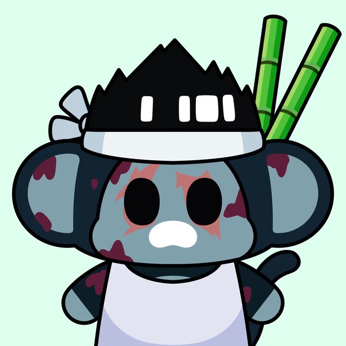 A cartoon-style illustration of a zombie koala character with a grey, blood-stained face, wearing a black jagged helmet and carrying two green bamboo sticks on its back.