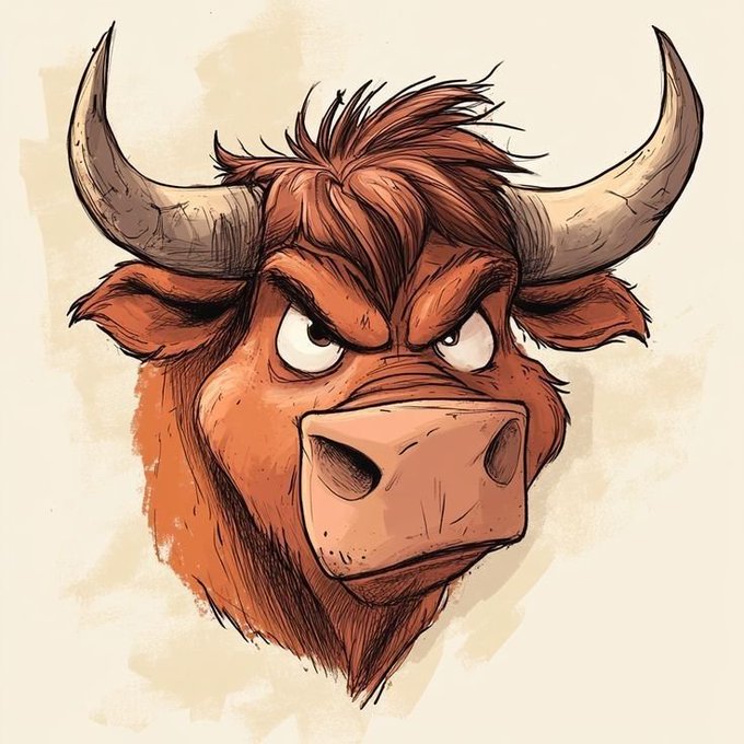 A stylized cartoon illustration of an angry brown bull or yak with large curved horns, intense eyes, and a messy tuft of hair on its head, drawn in a comic book style on a beige background.