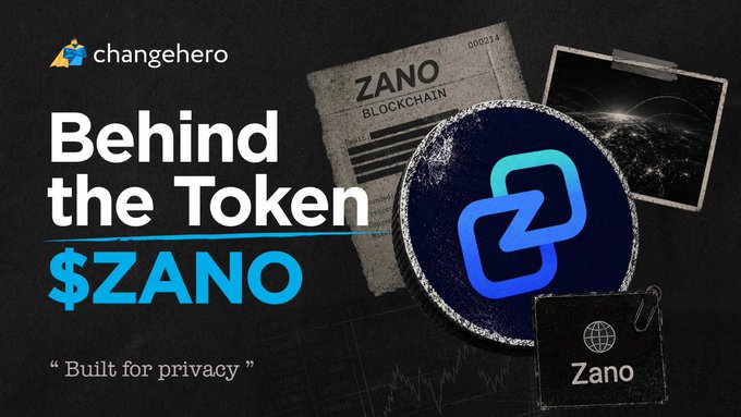 A promotional graphic titled 'Behind the Token $ZANO' by 'changehero', featuring a metallic Zano coin logo and documents, with the tagline 'Built for privacy'.
