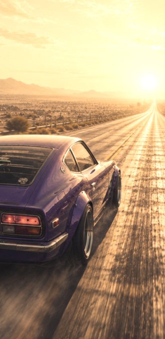 Artistic rendering of a purple sports car driving down a desert highway toward a bright sunset.