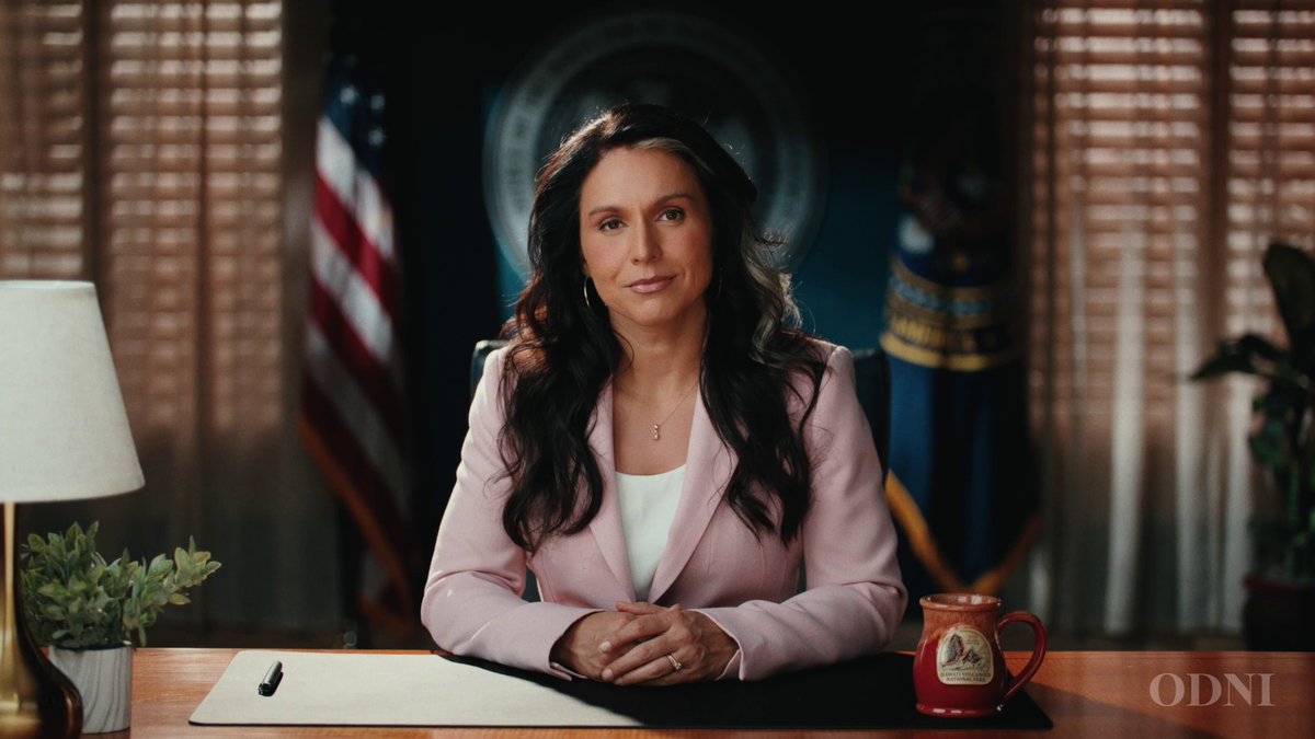 The image features a woman sitting at a desk, wearing a pink blazer and looking directly at the camera. She has her hands clasped together in front of her as she appears to be engaged in conversation or giving a speech. The background includes an American flag and a cup on the desk, suggesting that this scene takes place in an office setting.

The caption provided for the image reads: "They really need to do something with the info that Tulsi uprooted and Elon exposed through DOGE. Lots of discovery followed by no action is nothing-discovery followed by action is everything." This statement seems to be a commentary on the importance of addressing the issues raised in the image, which could potentially involve the actions or decisions made by the woman sitting at the desk.