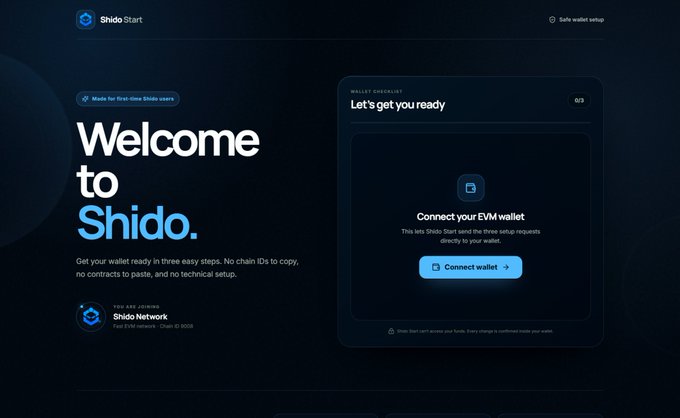 A dark-themed webpage for 'Shido Start' welcomes users with text 'Welcome to Shido' and instructions to connect an EVM wallet.