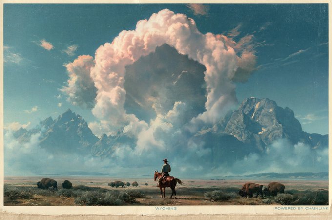 A lone cowboy on horseback surveys a vast Wyoming landscape beneath towering cumulus clouds and distant mountains, with the text "WYOMING" and "POWERED BY CHAINLINK" visible at the bottom. The scene's solitary guardian overlooking untamed terrain evokes the watchful protection that security-first cross-chain infrastructure provides to digital assets.