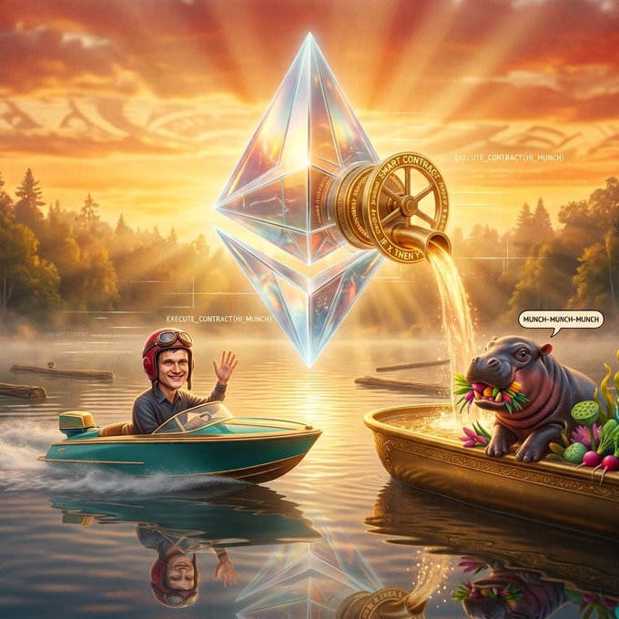 A surreal AI-generated artwork featuring an Ethereum logo as a faucet pouring liquid into a bathtub containing a hippo, while a man in a small boat watches; text bubbles read 'EXECUTE_CONTRACT(MUNCH)' and 'MUNCH-MUNCH-MUNCH'.