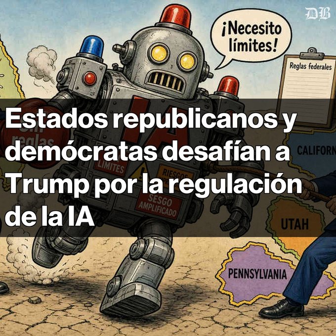 Editorial cartoon showing a robot with police lights shouting '¡Necesito límites!' next to a US map, with text 'Estados republicanos y demócratas desafían a Trump por la regulación de la IA' and signs reading 'Reglas federales' and 'LÍMITES'.