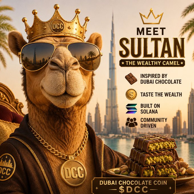 The image features a cartoon camel wearing sunglasses and a crown, sitting next to a plate with chocolate bars. The caption below the camel reads "Meet Sultan. Not just any camel. Sultan was born in the heart of Dubai, raised on pistachios and luxury, and has one mission: To build the sweetest community in crypto". The image is related to the post because it promotes the Dubai Chocolate Coin, which is a digital currency that supports local businesses like the chocolate company featured in the image.