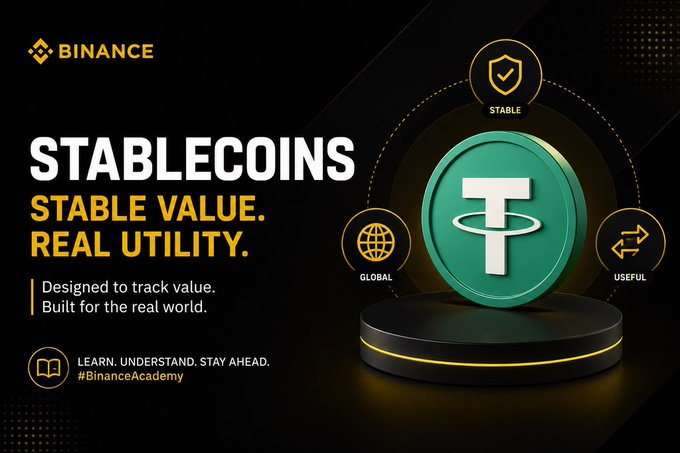 A Binance advertisement promotes stablecoins with the tagline 'STABLE VALUE. REAL UTILITY.' featuring a green Tether (USDT) coin illustration.