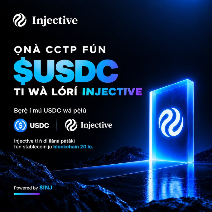An Injective promotional graphic with the text 'ỌNÀ CCTP FÚN $USDC TI WÁ LÓRÍ INJECTIVE' displayed against a dark blue futuristic background with a glowing portal.