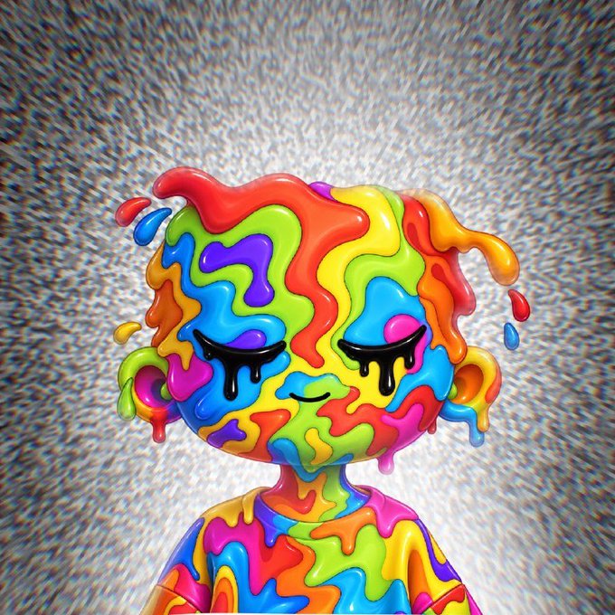 A vibrant, cartoonish figure with a glossy, dripping multicolored "paint" body and serene closed eyes, set against a static noise background — fittingly accompanying a cheerful "gm" (good morning) post with its playful, uplifting energy.