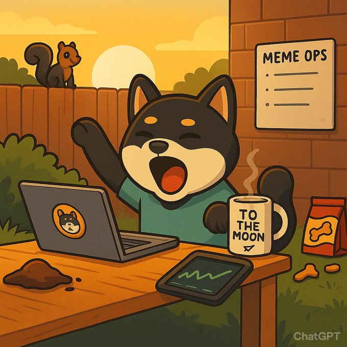 A cartoon illustration of a black Shiba Inu dog laughing while working on a laptop outdoors at sunset, holding a 'TO THE MOON' coffee mug, with a 'MEME OPS' checklist on the wall behind it.