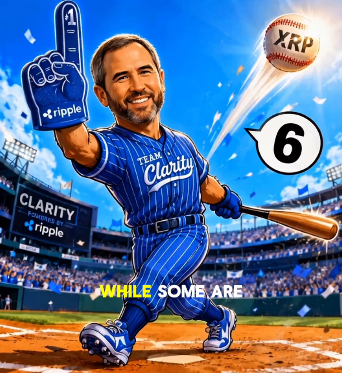 The image features a cartoon baseball player wearing a blue striped uniform, holding a bat over his head as he prepares to hit an incoming ball. The background of the image shows a baseball field with several people watching from various positions around the field. In the bottom right corner of the image, there is text that reads "CLARITY WINS Ripple isn't just talking about crypto regulation anymore: clear rules matter". This message emphasizes the importance of clarity and regulation in the cryptocurrency market.