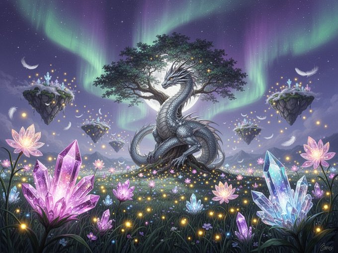 The image features a large tree with a dragon sitting at its base, surrounded by flowers and crystals. The scene takes place under a purple sky with green stars, creating an enchanting atmosphere. The artist's signature can be seen in the bottom right corner of the image.