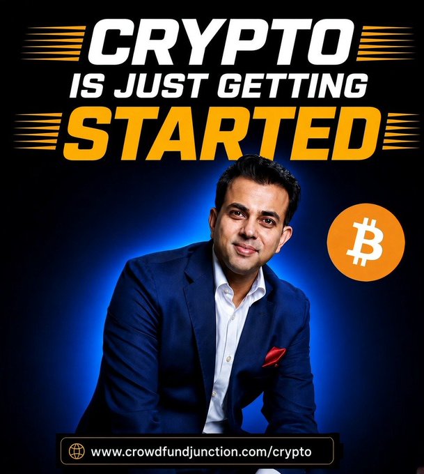 A promotional graphic features a man in a blue suit against a blue background with bold text reading "CRYPTO IS JUST GETTING STARTED", an orange Bitcoin logo, and a website link at the bottom: www.crowdfundjunction.com/crypto.