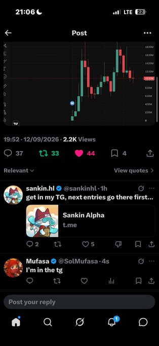 A screenshot of a mobile social media feed showing a post with a cryptocurrency chart, including replies from users 'sankin.h1' and 'Mufasa' mentioning a Telegram group.