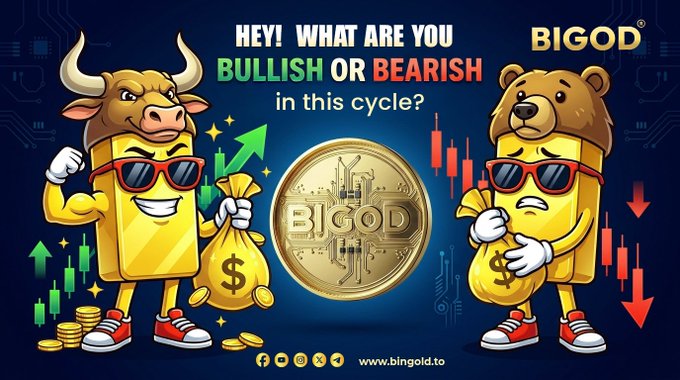 The image features two cartoon characters, a bull and a bear, holding bags of money against a blue background with an upward-pointing arrow. The text above them reads " Hey! What Are You Bullish or Bearish In This Cycle?"