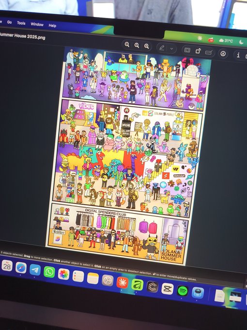 A laptop screen displays a vibrant digital illustration titled "Summer House 2025.png" featuring three panels of cartoon characters, labeled "vibes," "DOXTA SQUARE," and "DIGITAL SPENDERS CLUB," with a "SOLANA SUMMER HOUSE" logo in the corner, connecting to the post about the creator's contributions to the Solana Summer House project.