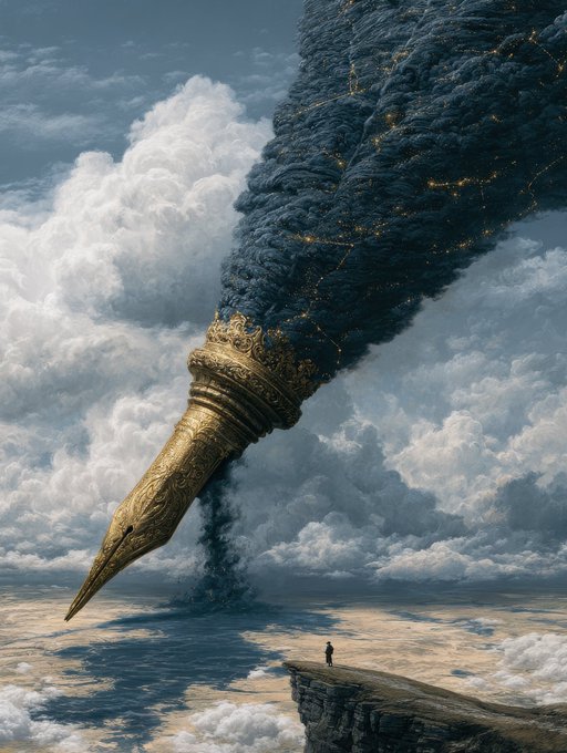 A fantasy artwork depicting a giant ornate golden pen tip emerging from dark storm clouds with golden cracks, looming over a small figure standing on a cliff edge above clouds.