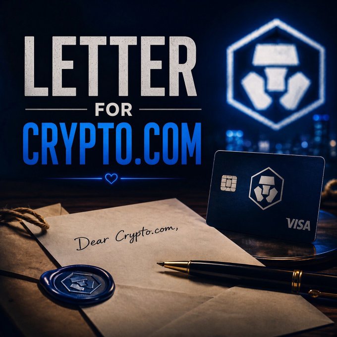 A handwritten letter addressed "Dear Crypto.com," rests beside a Crypto.com Visa card and a blue branded wax seal, with the bold header "LETTER FOR CRYPTO.COM" and the platform's glowing hexagonal logo in the background—visually capturing the heartfelt gratitude of a long-time user reflecting on the milestone of obtaining their first card since 2021.