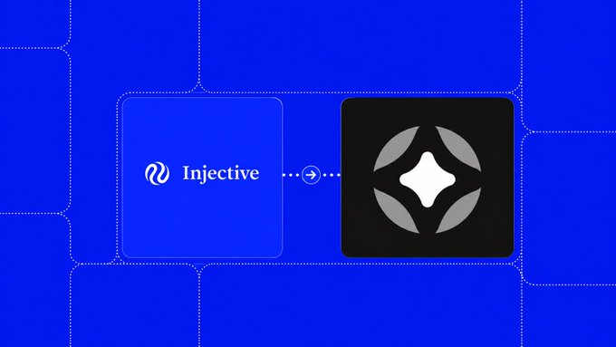 A blue graphic shows the Injective logo connecting with an arrow to a black square containing a diamond/star icon, suggesting a cryptocurrency or blockchain integration.