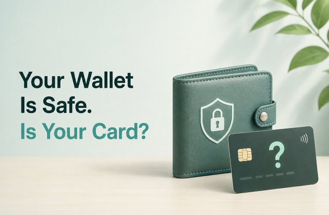 An advertisement showing a green wallet with a shield/lock icon next to a credit card with a question mark, with text reading "Your Wallet Is Safe. Is Your Card?"