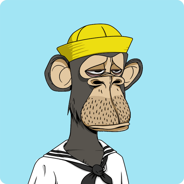 A Bored Ape Yacht Club-style NFT illustration of a bored monkey wearing a yellow hat and sailor outfit.